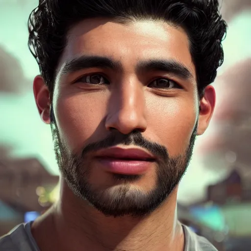 Image similar to portrait art of a very handsome Peruvian man with no facial hair, 8k ultra realistic, lens flare, atmosphere, glow, detailed,intricate, full of colour, cinematic lighting, trending on artstation, 4k, hyperrealistic, focused, extreme details,unreal engine 5, cinematic, masterpiece