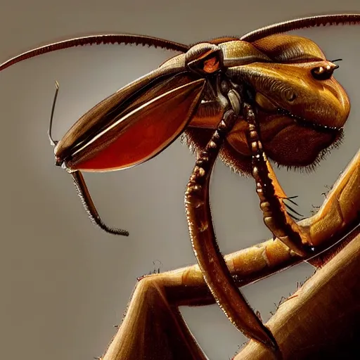 Prompt: portrait of brown anthropomorphic mantis religiosa ; hard predatory look ; d & d rogue ; flat triangle - shaped head with thin thread - like antennae ; concept art ; artstation ; 8 k ; wallpapers ; heavy contrast ; cinematic art ; cgsociety ; art by greg rutkowski and artgerm