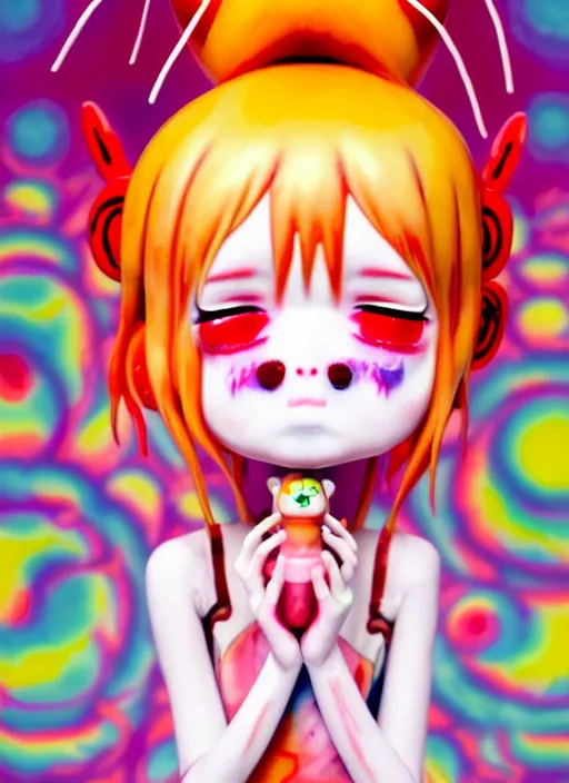 Prompt: a dramatic emotional hyperrealistic pop surrealist oil panting of a sad sobbing grotesque kawaii vocaloid figurine caricature sobbing red in the face uglycrying with tears and snot featured in silent hill 2 by lisa frank made of fine china, 😭🤮 💔