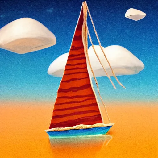 Image similar to graham cracker sailboat floats in a sea of hot chocolate, marshmallow cloud in sky above, abstract environment, award winning art, epic dreamlike fantasy landscape, ultra realistic,