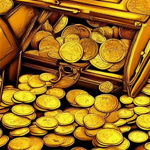Image similar to a treasure chest full of gold coins and gems, digital art