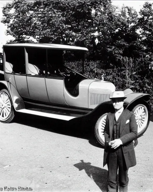 Image similar to 1 9 2 0 s photo of a person standing next to a tesla car