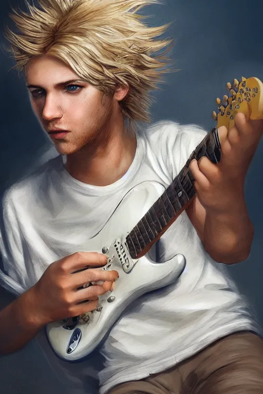 Image similar to blonde wild hair boy playing fender stratocaster, eye - patch, close - up portrait, plain white tshirt, powerfull, intricate, elegant, volumetric lighting, scenery, digital painting, highly detailed, artstation, sharp focus, illustration, concept art, steve mccurry