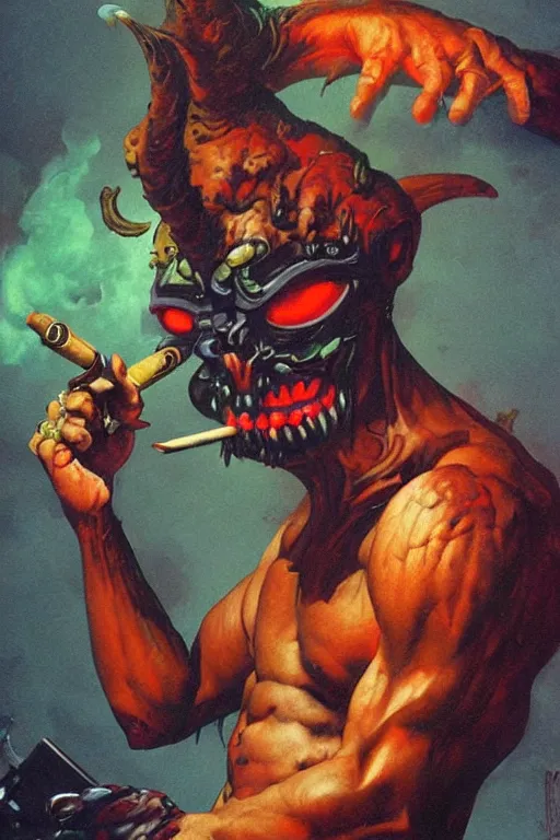 Prompt: An anthropomorphic demon smoking a cigar in a cyberpunk setting, by Frank Frazetta, 1980s synthwave color palette, Trending on Artstation, highly detailed,