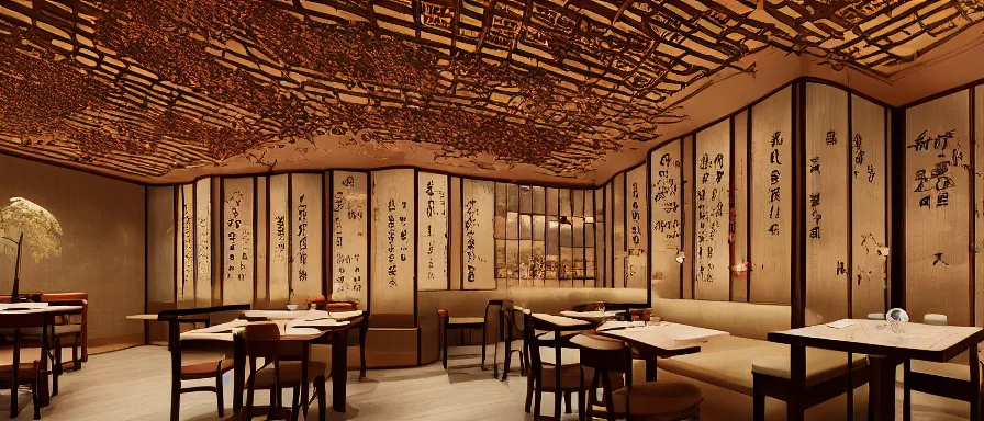 Prompt: a beautiful hyperdetailed interior render of outdated roasted string hotpot restaurant restaurant yan'an, outdated, wall corner, from china, with merchant logo, fine delicate structure, chinese style, simple composition, simple style structure decoration design, victo ngai, 4 k hd