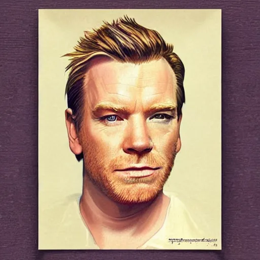 Image similar to “Ewan McGregor portrait, color vintage magazine illustration 1950”