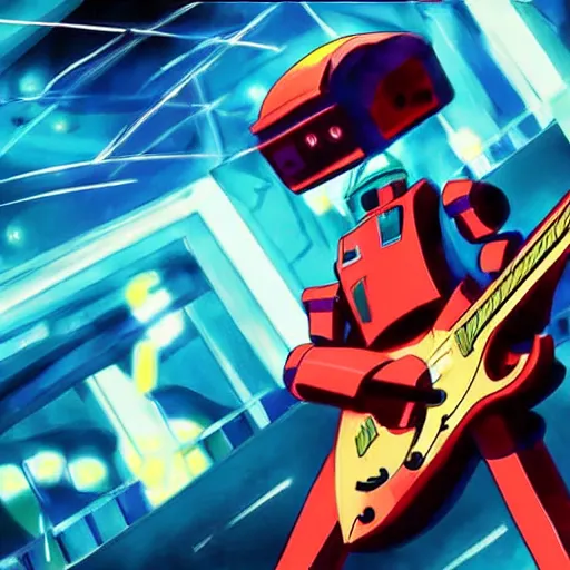 Image similar to A cell animation of a robot shredding a guitar solo in a futuristic city street, macross, gundam, ghibli style, illustration, anime, trending on artstaion