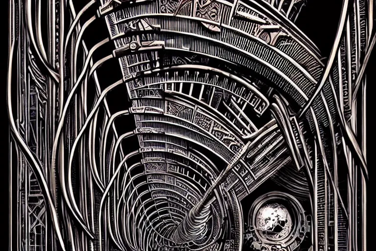 Image similar to a double helix dna cyberpunk steampunk carved archway, high details, lineart, by vincent di fate and joe fenton, inking, screen print, masterpiece, trending on artstation, sharp, high contrast, hyper - detailed,, hd, 4 k, 8 k