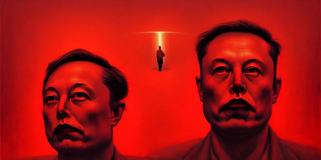 Image similar to elon musk totalitarian dictator in the style of beksinski, parts by edward hopper, parts by rodcenko, parts by yue minjun, intricate and epic composition, red by caravaggio, insanely quality, highly detailed, masterpiece, red light, war propaganda, artstation, 4 k