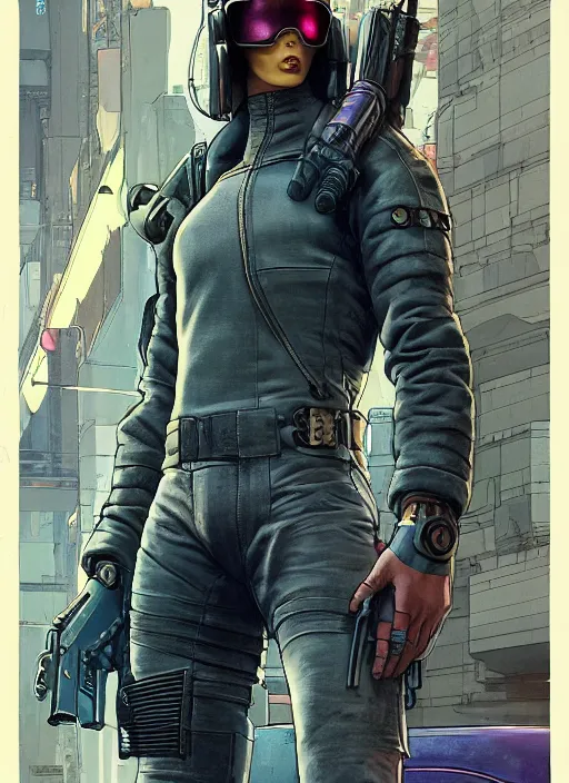 Image similar to cyberpunk mercenary. portrait by mœbius and will eisner and gil elvgren and pixar. realistic proportions. cyberpunk 2 0 7 7, apex, blade runner 2 0 4 9 concept art. cel shading. attractive face. thick lines.