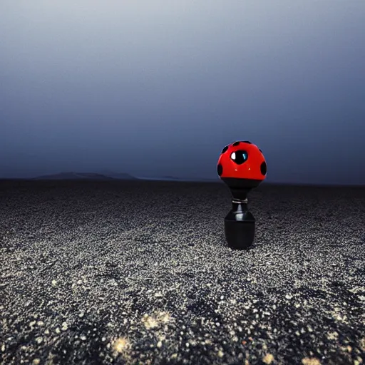 Image similar to promotional still wide angle, ladybug tripod roams a barren wasteland, dramatic lighting, ( e. t. the extra - terrestrial ), batteries not included, harry potter, imax, 7 0 mm.