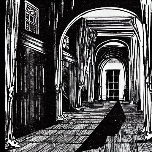 Prompt: Interior shot of a vampire's manor, inside of a hallway with large ominous windows. Dark Fantasy, Film Noir, Black and White. High Contrast, Mike Mignola, D&D, OSR