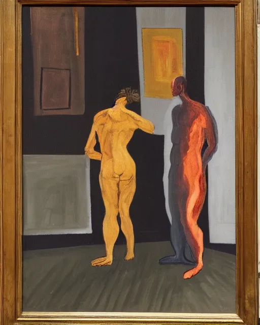 Image similar to painting of two figures in the style of Francis Bacon