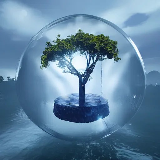 Prompt: one giant water bubble carrying the tree of live, make the water bubble slightly bigger fantasy, LOTR of style, unreal engine, 8K