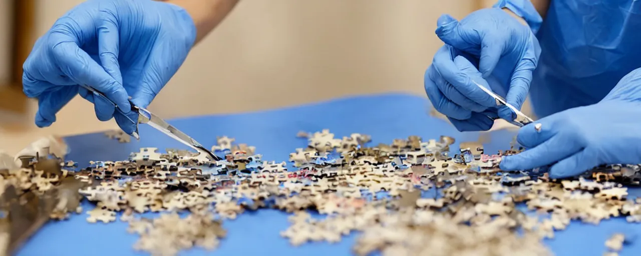 Image similar to a surgeon using a scalpel on a jigsaw puzzle on a table