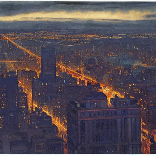 Image similar to muted color ultra realistic painting of 1 9 2 5 boston downtown at night in doctor strange's mirror dimension, aerial view, dark, brooding, night, atmospheric, horror, cosmic, ultra - realistic, smooth, highly detailed in the style of clyde caldwell