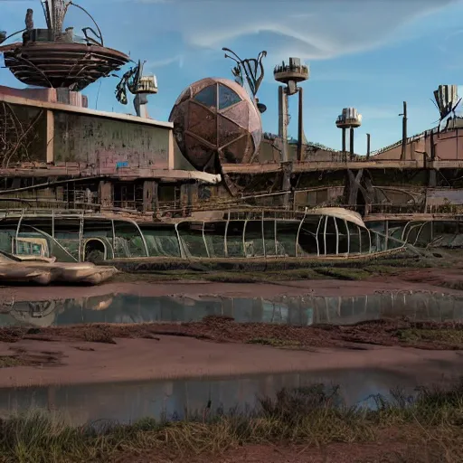 Image similar to post - apocalyptic epcot center, wasteland, barren, monorail, abandoned, walt disney world, highly detailed, intricate, 8 k