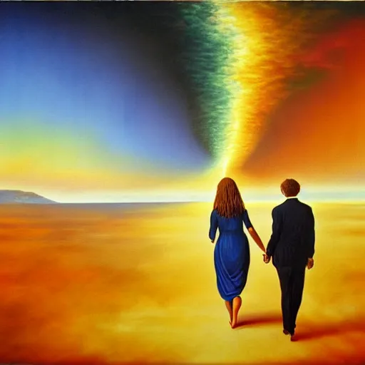 Prompt: couple walking hand in hand, in heaven and hell at the same time, surrealistic realistic painting, detailed