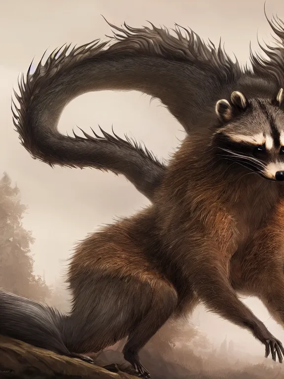 Prompt: a beautiful hyper realistic detailed matte painting of a majestuous hybrid half - raccoon half - dragon, in the style of dragon age, concept art, featured on artstation
