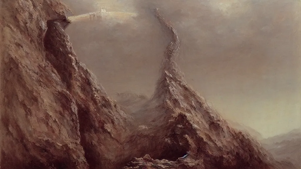 Image similar to giant stone sword stuck in a mountain, snakes, long arms at the grip, very heavy clouds , volumetric, digital art by Zdzisław Beksiński , Ruan Jia, Rudolf Béres