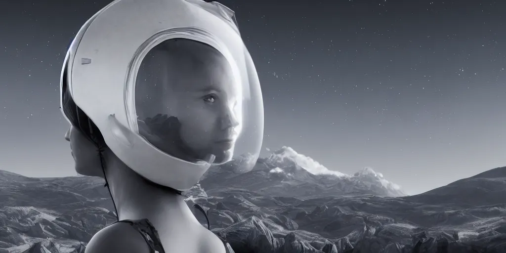 Image similar to portrait of a woman wearing a space helmet, scifi, gigantic mountains visible in the background, big clouds, stars in the sky, 8k, unreal engine, charcoal portrait, drawing