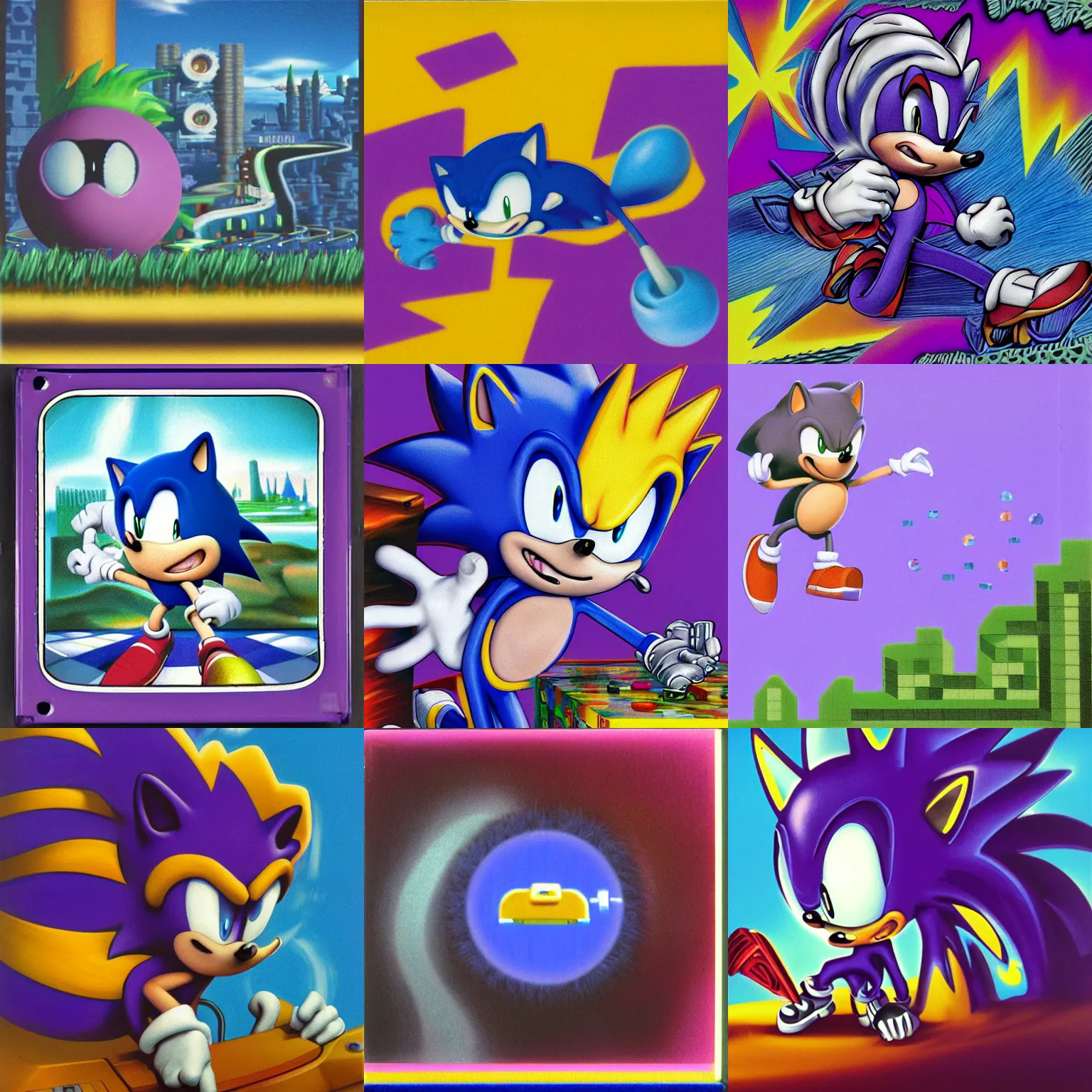 Image similar to polaroid portrait of sonic hedgehog and a matte painting landscape of a surreal, sharp, detailed professional, soft pastels, high quality airbrush art album cover of a liquid dissolving airbrush art lsd dmt sonic the hedgehog swimming through cyberspace, purple checkerboard background, 1 9 9 0 s 1 9 9 2 sega genesis rareware video game album cover