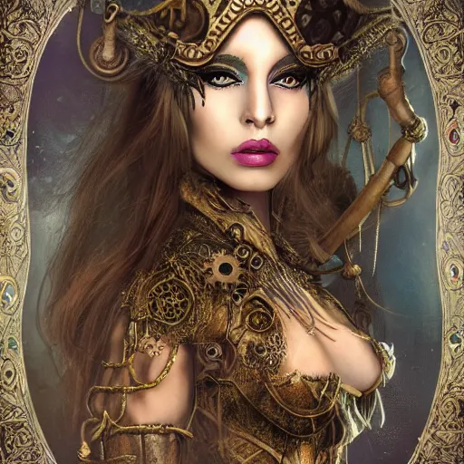 Prompt: curiosities carnival, soft paint of a single beautiful sorceress in a full steampunk armor, symmetry accurate features, focus, very intricate ultrafine details, award winning masterpiece