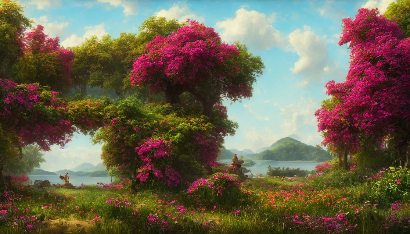 Image similar to An epic fantastic realism comic book style painting of the most beautiful flowers covering a landscape where lovers frolick, fisheye lens, painted by the Hudson River school, unreal 5, DAZ, hyperrealistic, octane render, dynamic lighting