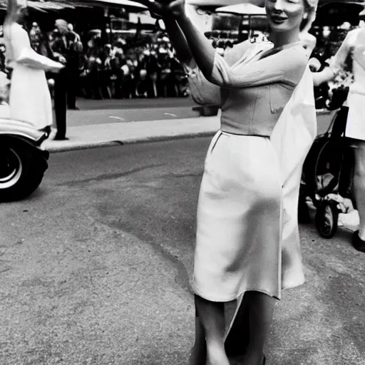 Image similar to selfie smartphone photo of a young Grace Kelly at the Monaco Gran Prix, F1 cars blurred in background, iphone photo, smartphone resolution, trending on instagram, influencer photography