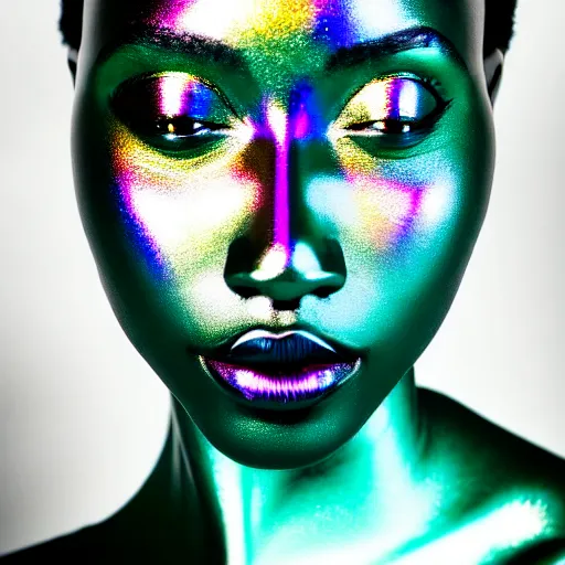 Image similar to portrait photograph of iridescent metalic face, african woman, iridescent reflections, proud looking, blue sky, 8 k, realistic, depth of field, highly detailed, art photography