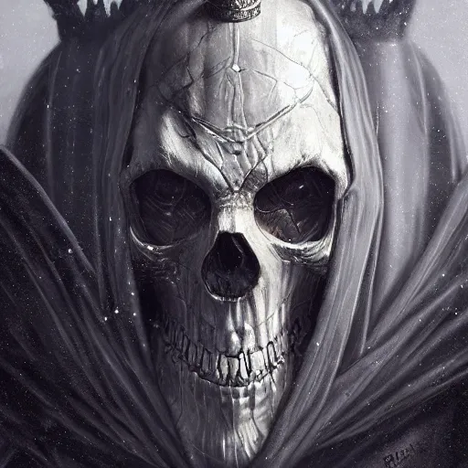 Prompt: a friendly elder lich with a magnificent robe and crown, close up, portrait, realistic skull, sinister atmospheric lighting. highly detailed painting by greg rutkowski, anime style