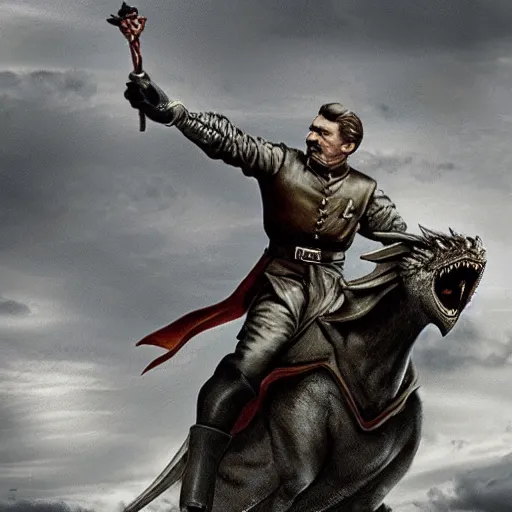 Prompt: Historical photo of Joseph Stalin Riding a Dragon from Game of Thrones, photorealism 8k,