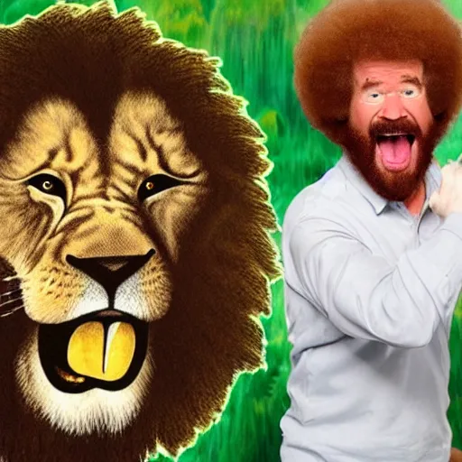 Prompt: bob ross screaming at a screaming lion screaming bob ross