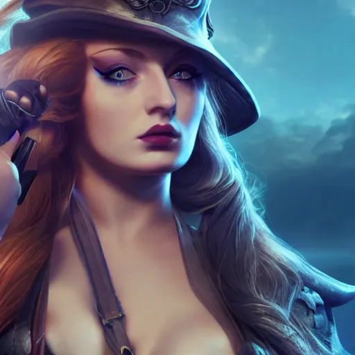 Image similar to Sophie turner as Miss Fortune in League of Legends, 4K, cinema, imax, hyperreal, full body shot, perfectly perfect details