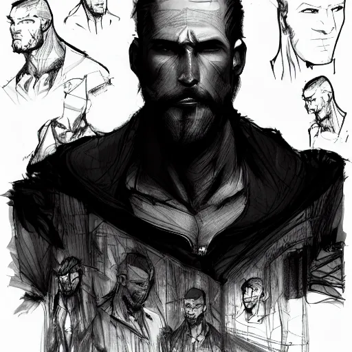 Prompt: character design sheet, concept art character, very high angle view, book cover, very attractive man with beard, walking in cyberpunk valley highly detailed full body, strong masculine features, sturdy body, command presence, royalty, smooth, sharp focus, organic, appealing, book cover, deep shadows, by Dave McKean sketch lineart for character design