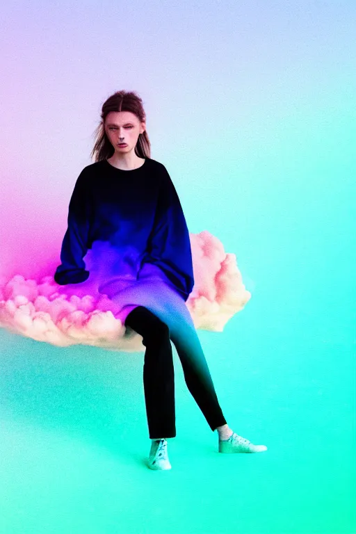 Image similar to high quality pastel coloured film photograph of a model wearing clothing resting on cloud furniture in a icelandic black rock environment in a partially haze filled dreamstate world. three point light, rainbow. photographic production. art directed. pastel colours. volumetric clouds. pastel gradient overlay. waves glitch artefacts. 8 k. filmic.