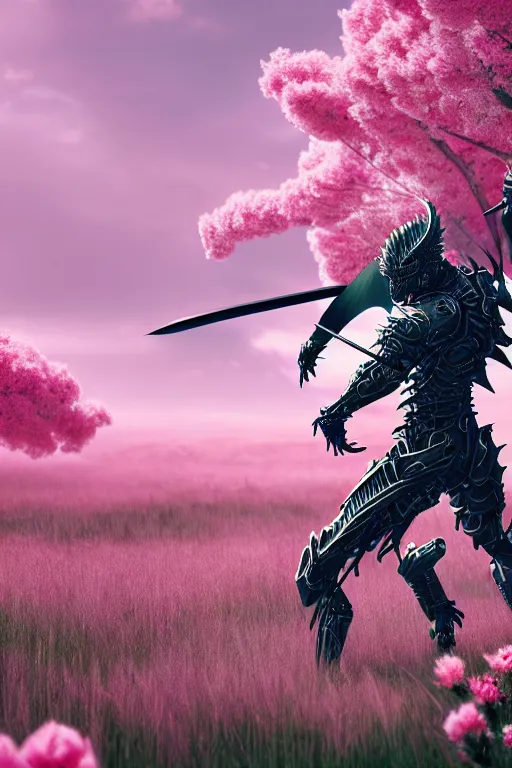 Image similar to illustration cinematic cyborg dragon yielding katana in a field of pale pink flowers, highly detailed smooth digital art masterpiece, vitaly bulgarov dramatic light, ground angle uhd 8 k, sharp focus