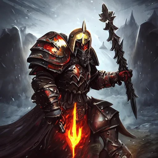 Image similar to Ares with heavy armor and sword, heavy knight helmet, dark sword in Ares's hand, war theme, bloodbath battlefield backgroubd, fiery battle coloring, hearthstone art style, epic fantasy style art, fantasy epic digital art, epic fantasy card game art