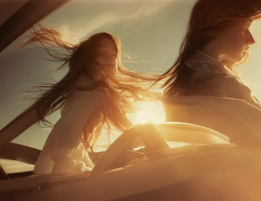 Prompt: girl with winding hair driving a car, motion photo, early morning, golden hour, bleach bypass, warm tones, beige colors, sunlight, digital 2 d, polaroid, high - key lighting, by lisa yuskavage, by serov valentin, by krenz cushart