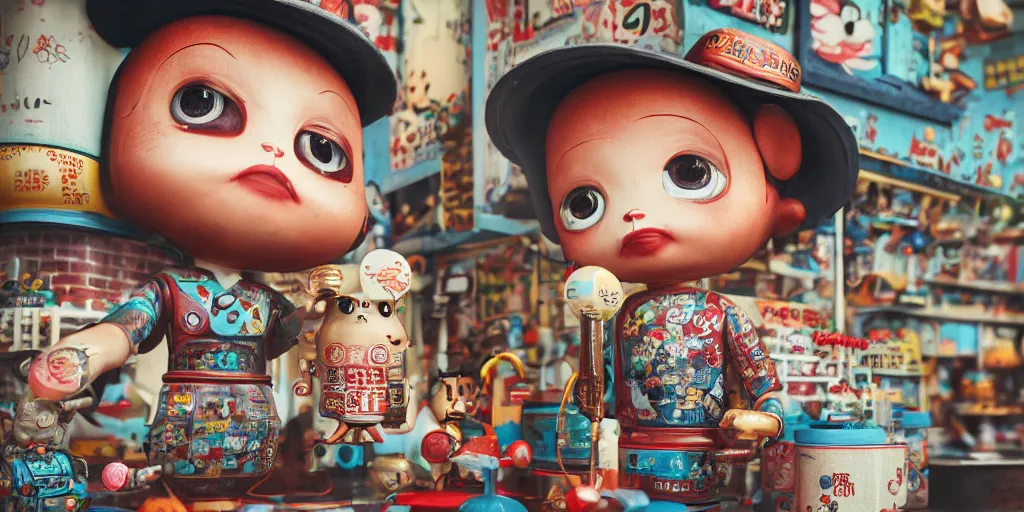 Image similar to closeup portrait of tin toy retro tokyo corner store, depth of field, zeiss lens, detailed, centered, photoshoot, by nicoletta ceccoli, mark ryden, lostfish, breathtaking, 8 k resolution, extremely detailed, beautiful, establishing shot, artistic, hyperrealistic, octane render, - h 8 0 4