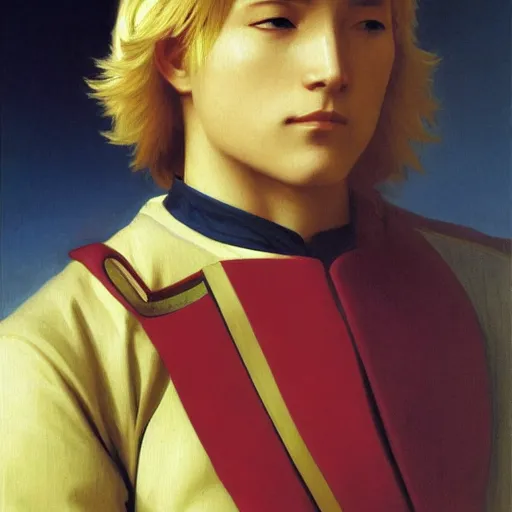 Image similar to Painting of Char Aznable. Art by william adolphe bouguereau. During golden hour. Extremely detailed. Beautiful. 4K. Award winning.