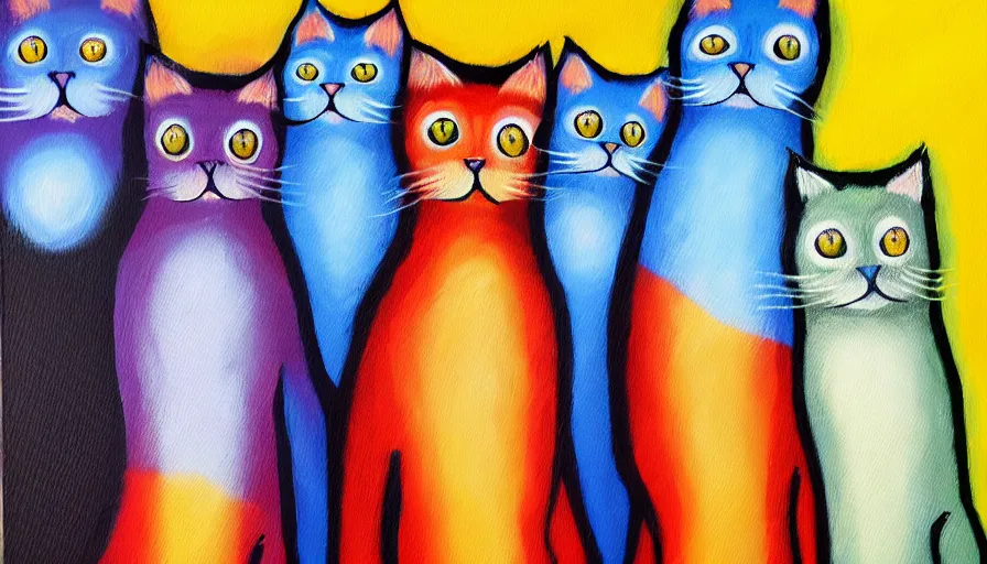 Prompt: acrylic painting of really tall cats by fandooby magoof, thick brush strokes and visible paint layers