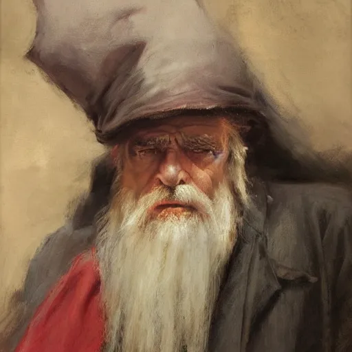 Prompt: Solomon Joseph Solomon and Richard Schmid and Jeremy Lipking victorian genre painting portrait painting of a old rugged actor wizard wearing a wizard hat and robe from the hobbit , red background