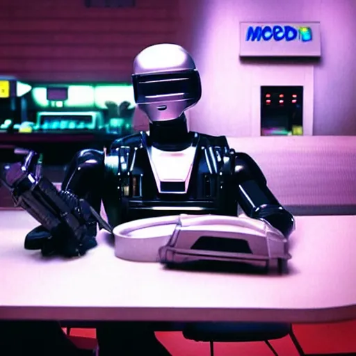 Image similar to robocop in mc donalds, synthwave style