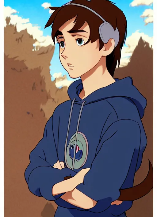 Image similar to teen boy with brown hair and big blue eyes, wearing a black hoodie with cat ears on top of it, natural lighting, path traced, highly detailed, high quality, cartoon, digital painting, by don bluth and ross tran and studio ghibli and alphonse mucha