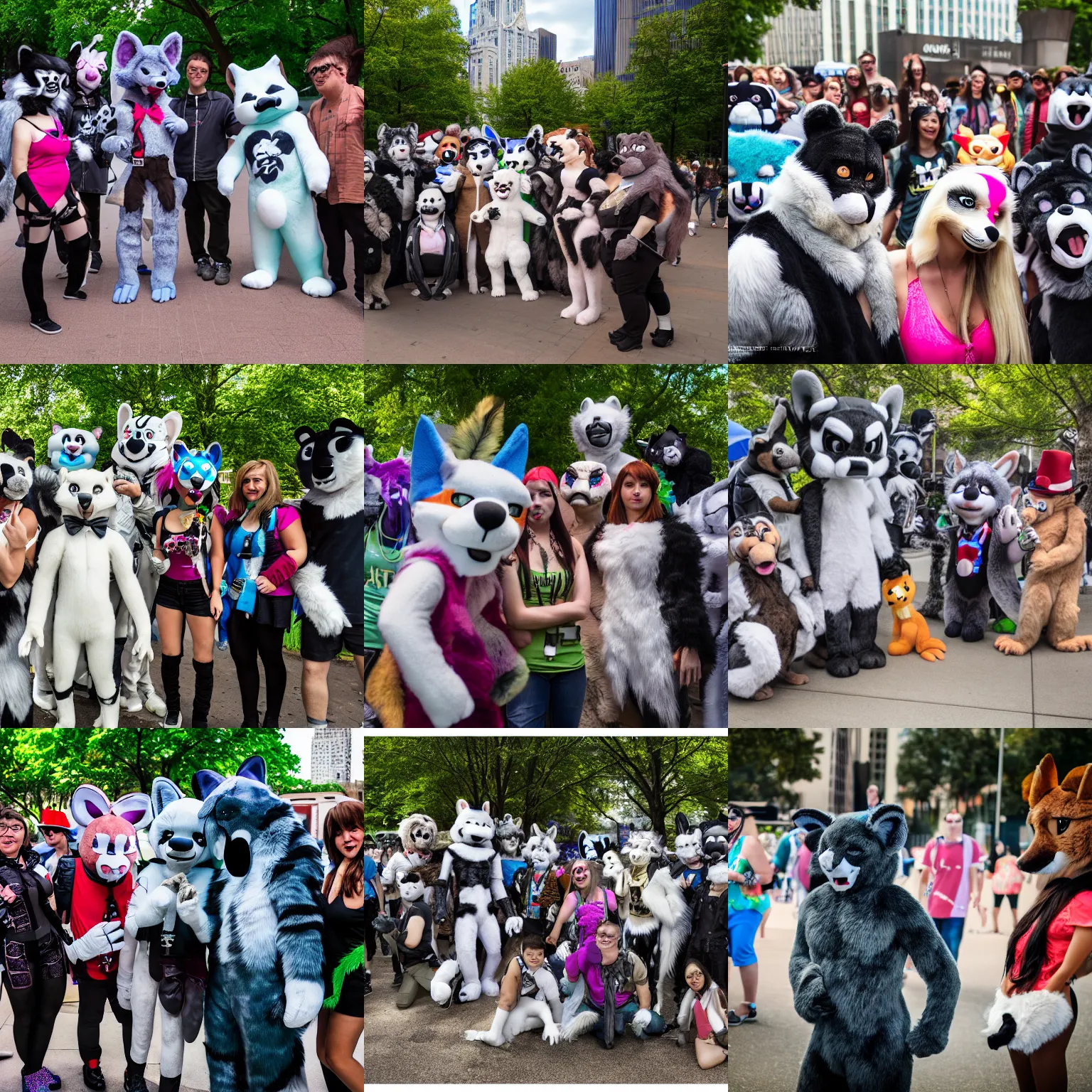 Prompt: photograph of among us imposter among a group or fursuiters at a furry convention in the city park, studio photography, 4K