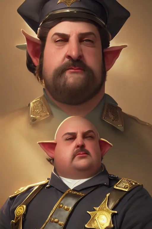 Image similar to a shifty fat high elf mall cop with a sheriff's badge, Oil Painting, hyperrealistic, octane render, Detailed Digital Art, RPG portrait, 3/4 bust, William-Adolphe Bouguereau, Michael Cheval, dynamic lighting, Highly Detailed, Cinematic Lighting, 8k, HD