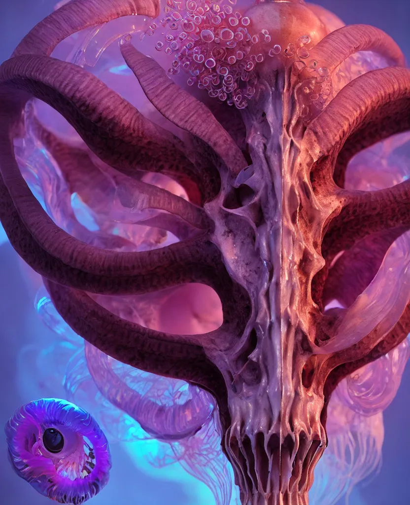 Image similar to goddess close-up portrait goat skull. jellyfish phoenix head, nautilus, orchid, skull, betta fish, bioluminiscent creatures, intricate artwork by Tooth Wu and wlop and beeple. octane render, trending on artstation, greg rutkowski very coherent symmetrical artwork. cinematic, hyper realism, high detail, octane render, 8k