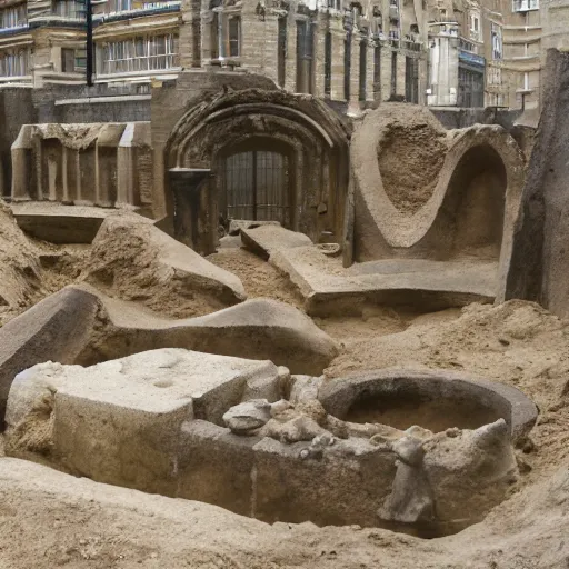 Prompt: 2 0 th century relics disinterred by the archæological expedition excavating the ruins of the capital of the ancient british empire, the fabulous city of london