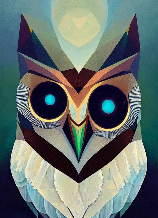 Image similar to portrait of a geometric owl, identical eyes, medium shot, illustration, full body made of white feathers, symmetrical, art stand, super detailed, cinematic lighting, and its detailed and intricate, gorgeous, by peter mohrbacher